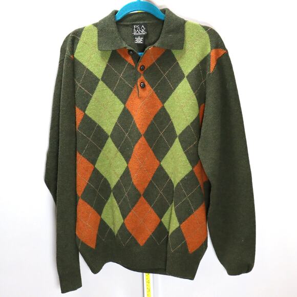 Jos. A. Bank Lambswool Argyle Sweater – Men’s M, Green/Orange Polo Collar - Picture 1 of 3